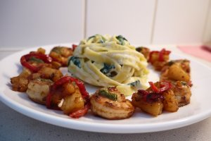 Caronell olijfolie garnalen spinazie pasta